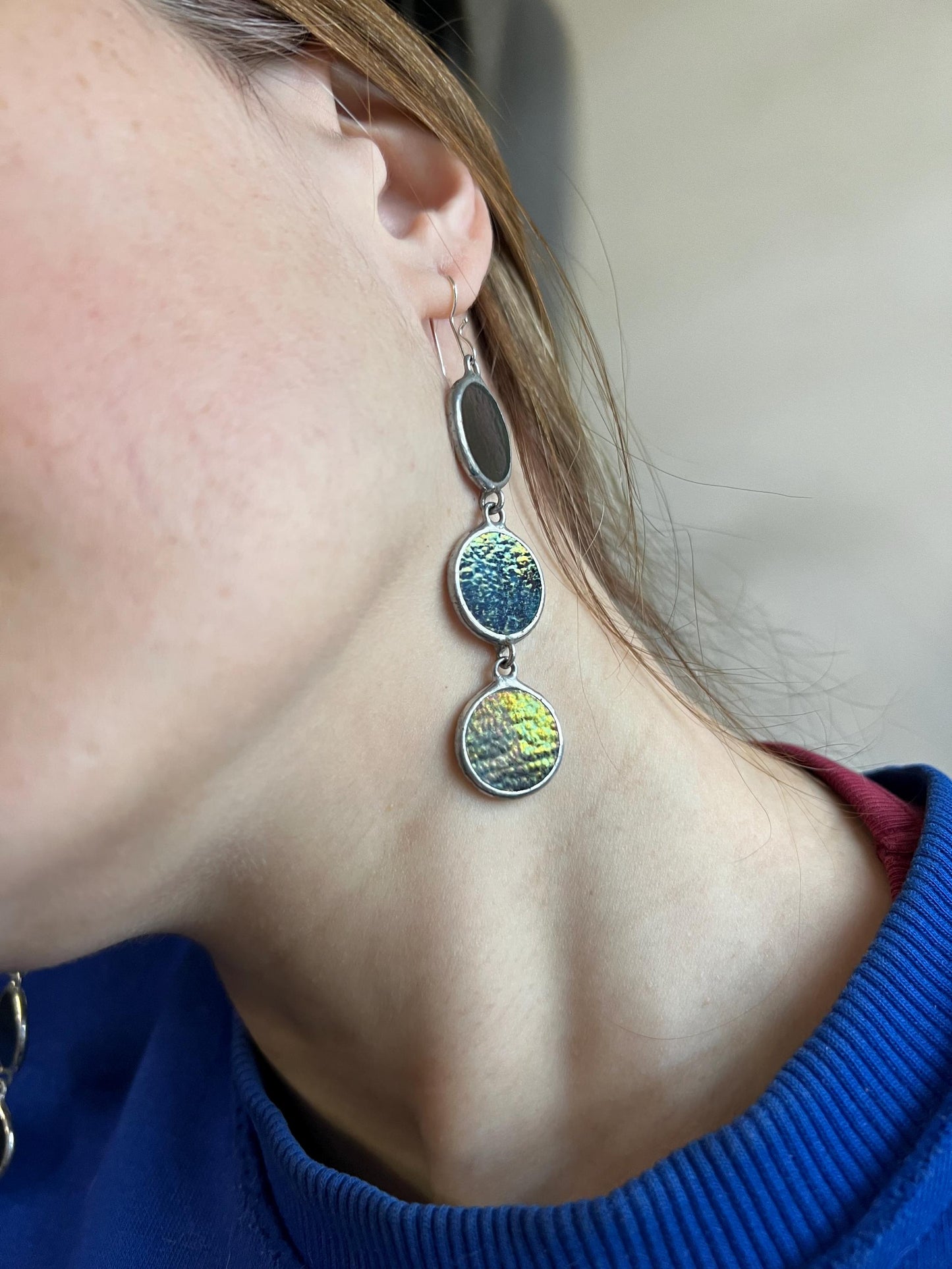 Stained Glass Dangle Earrings: Geometric Circle Drop, 925 Silver