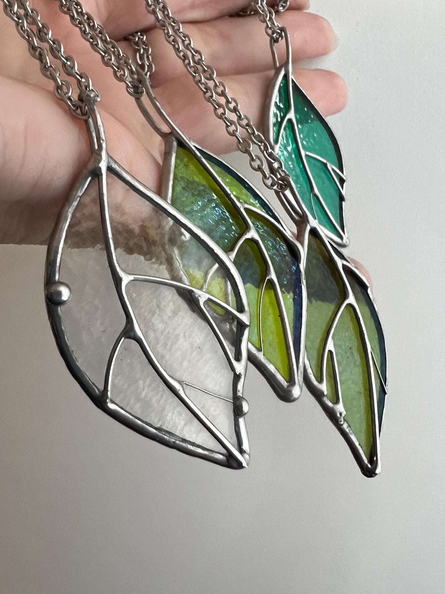 Stained Glass Leaf Pendant: Handmade Iridescent Green Necklace