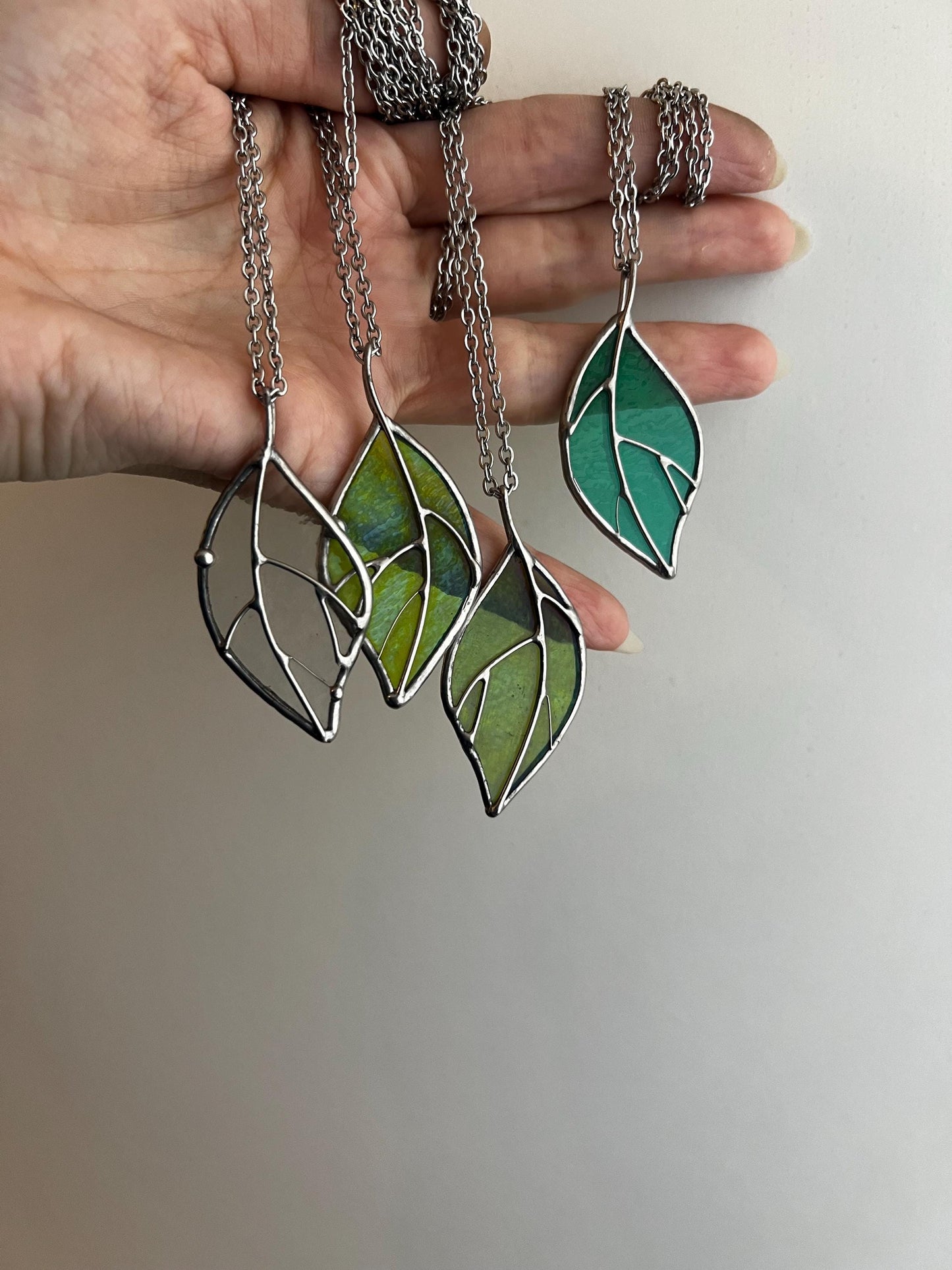 Stained Glass Leaf Pendant: Handmade Iridescent Green Necklace