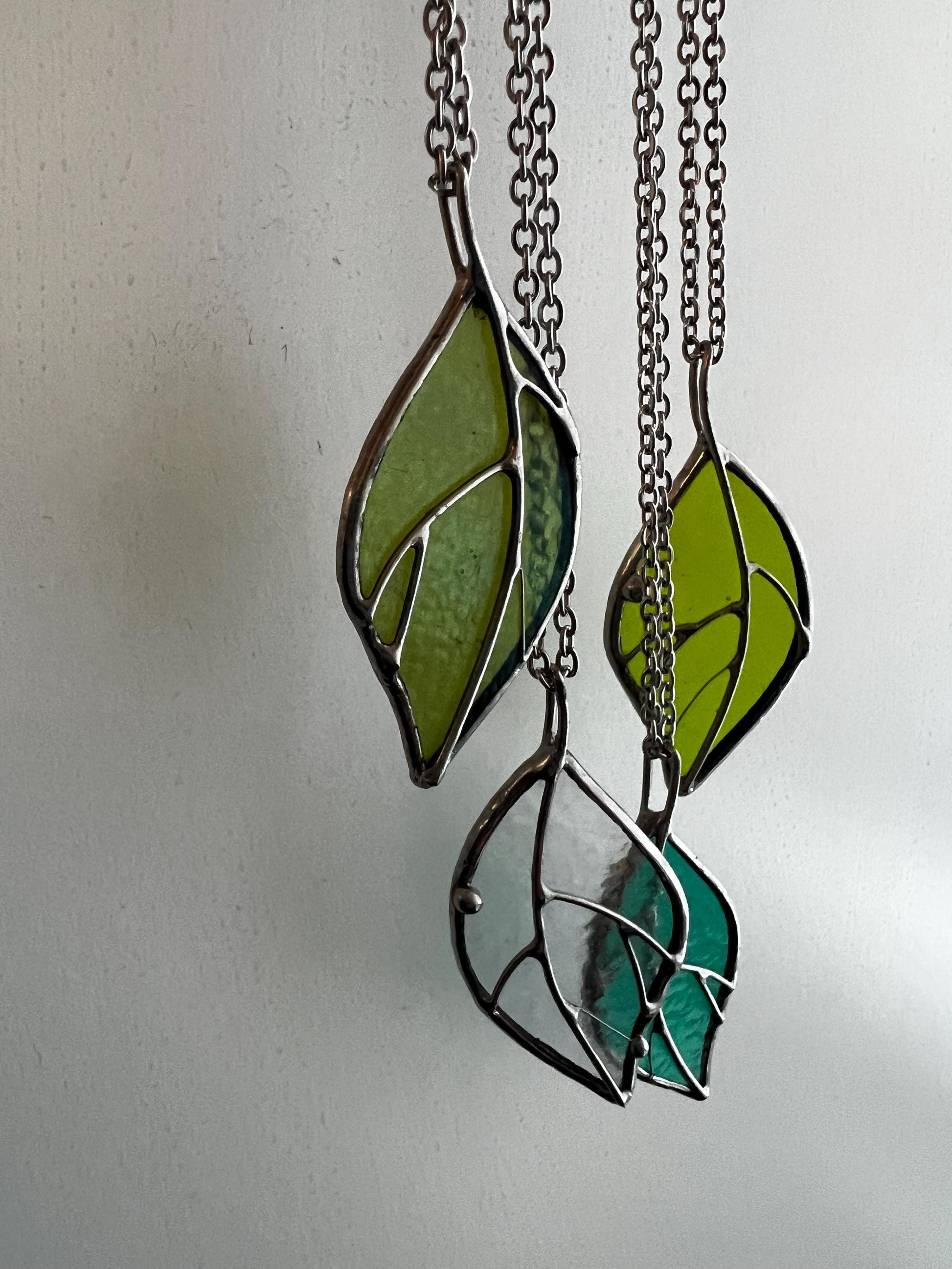 Stained Glass Leaf Pendant: Handmade Iridescent Green Necklace