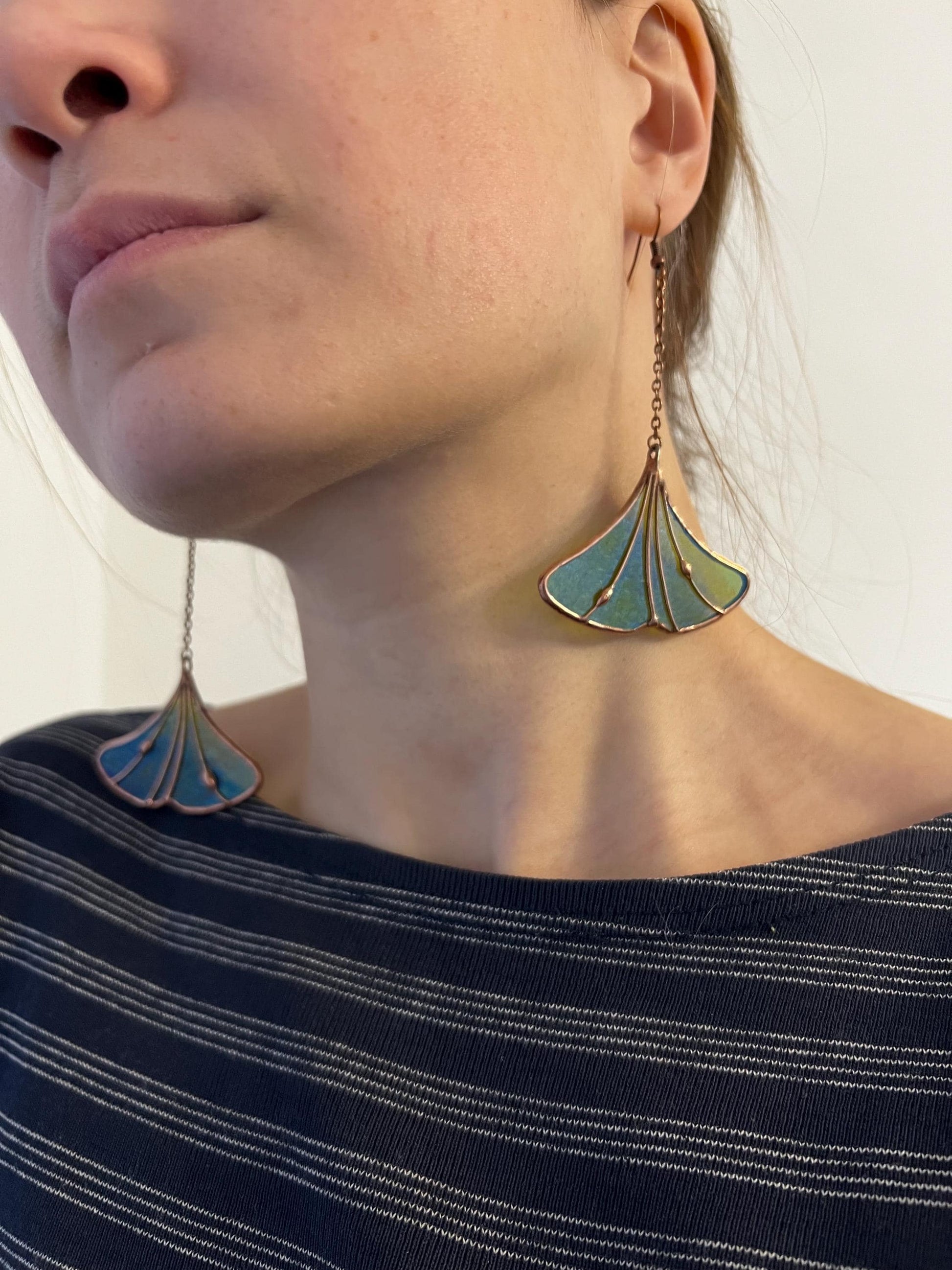 Stained Glass Ginkgo Leaf Earrings: Green Copper Dangle Plant Jewelry