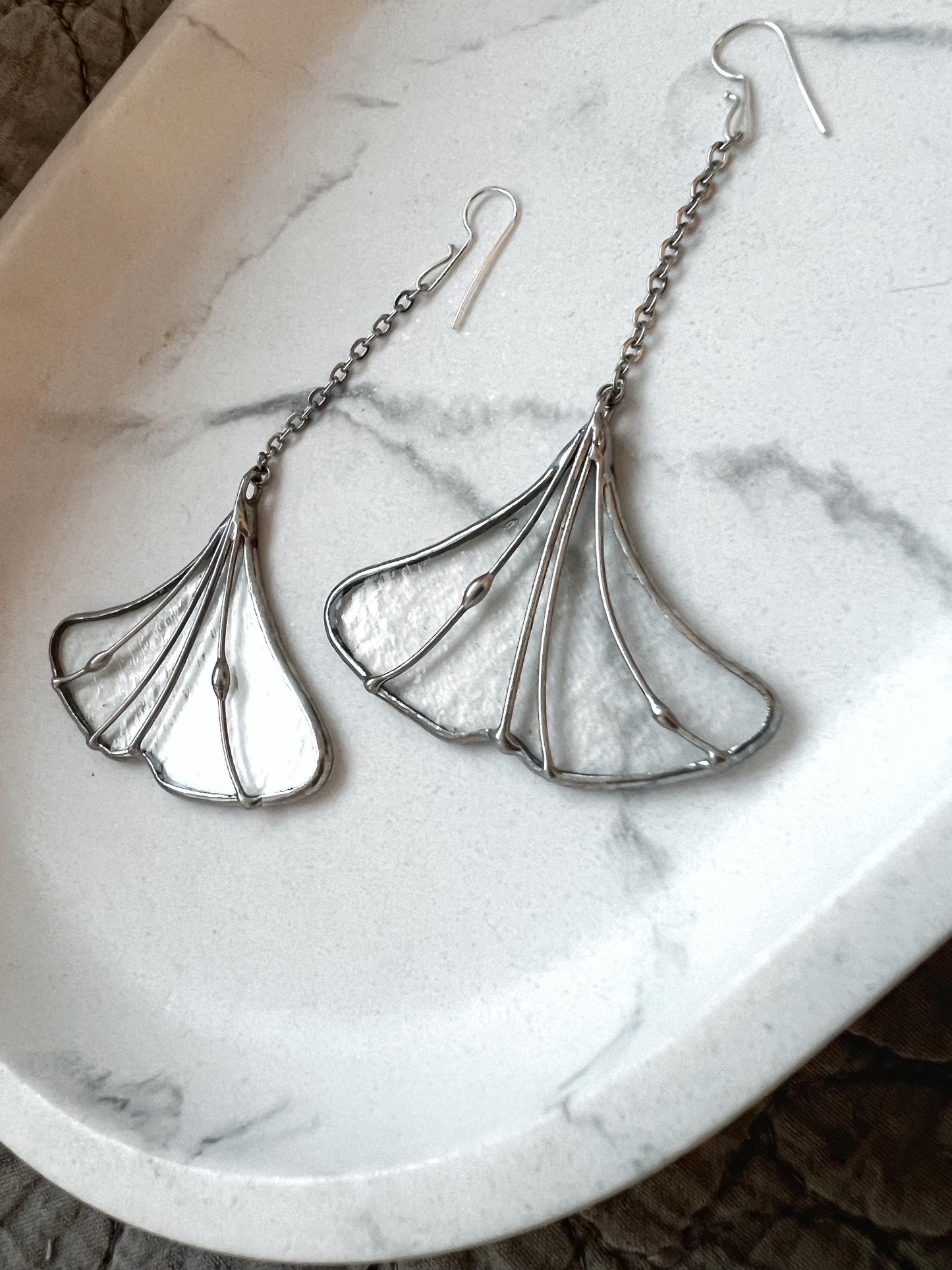 Stained Glass Ginkgo Leaf Earrings: Long Silver Dangle, Botanical Jewelry