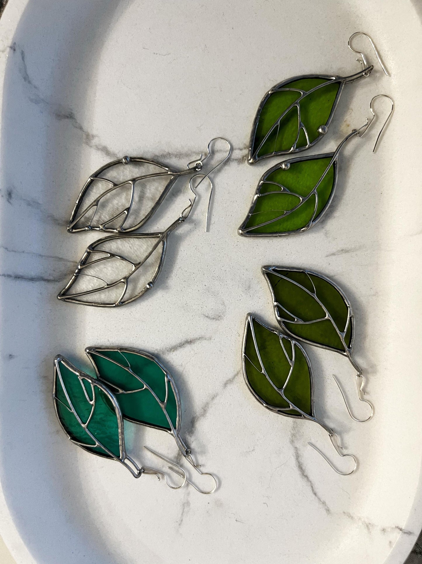 Stained Glass Leaf Earrings: Green Botanical Dangle Jewelry