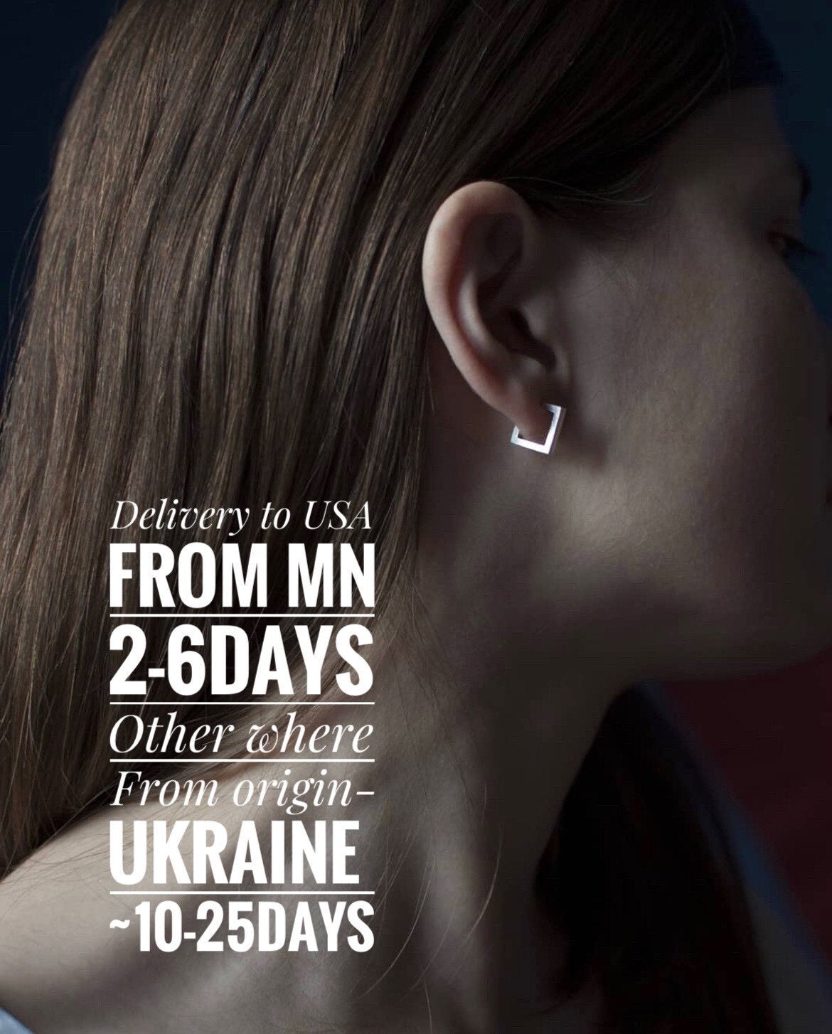 Minimal silver square stud earrings on model