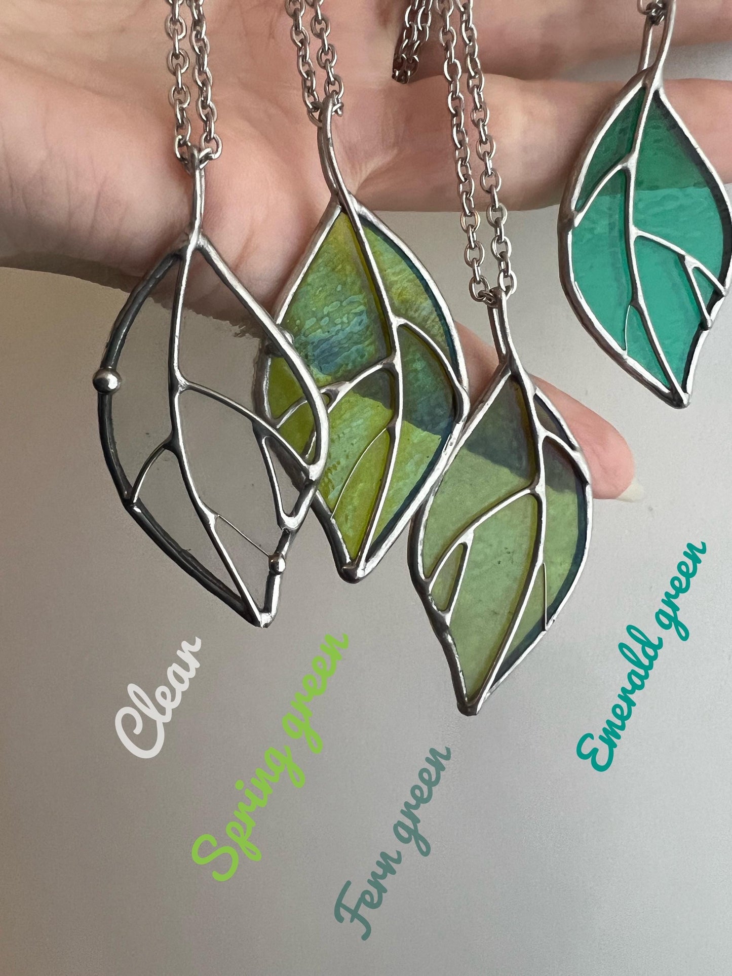Stained Glass Leaf Pendant: Handmade Iridescent Green Necklace