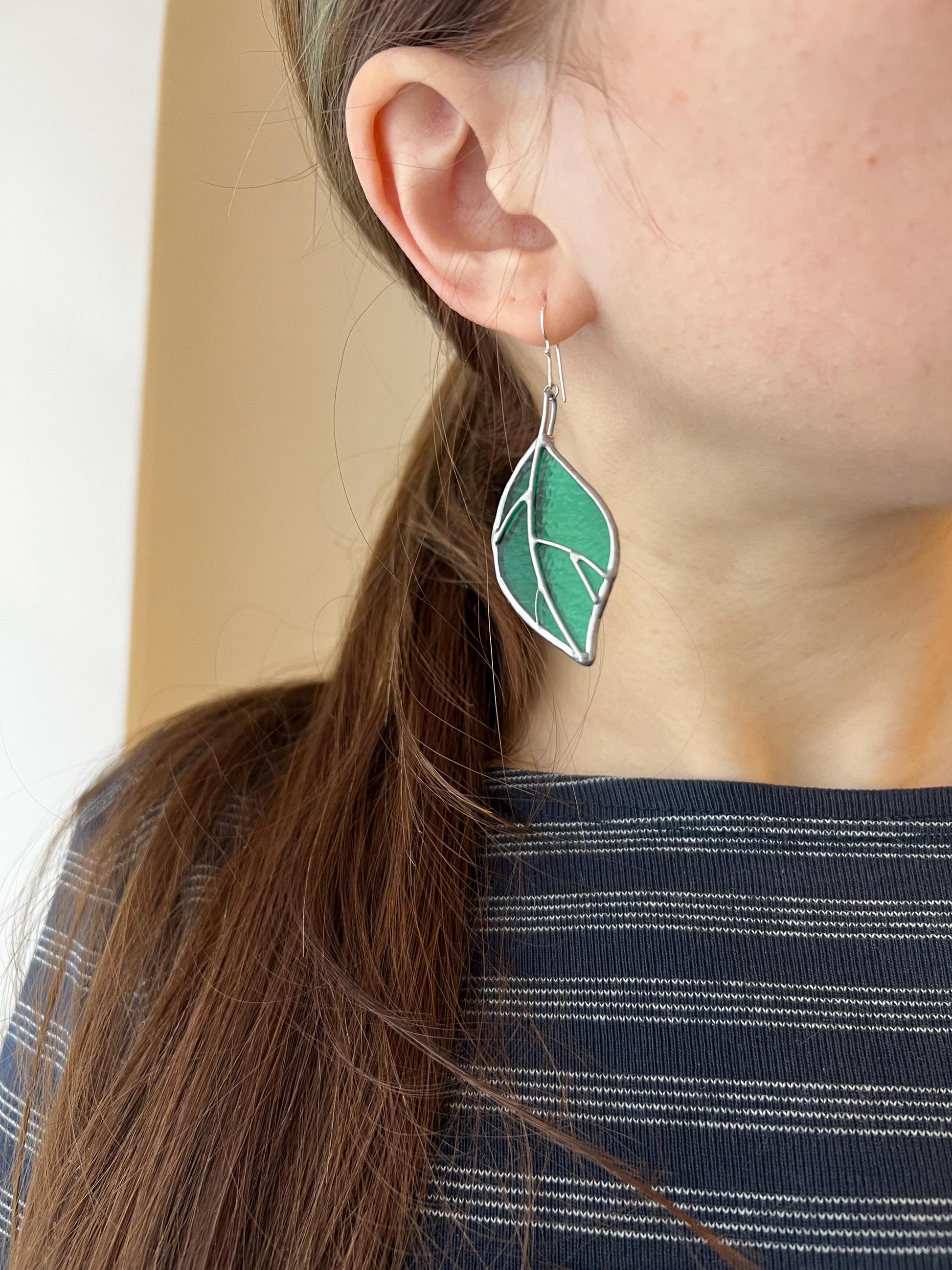Stained Glass Leaf Earrings: Iridescent Green Dangle Jewelry