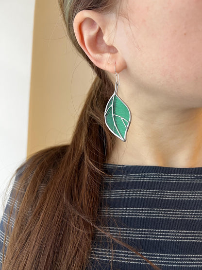 Stained Glass Leaf Earrings: Iridescent Green Dangle Jewelry