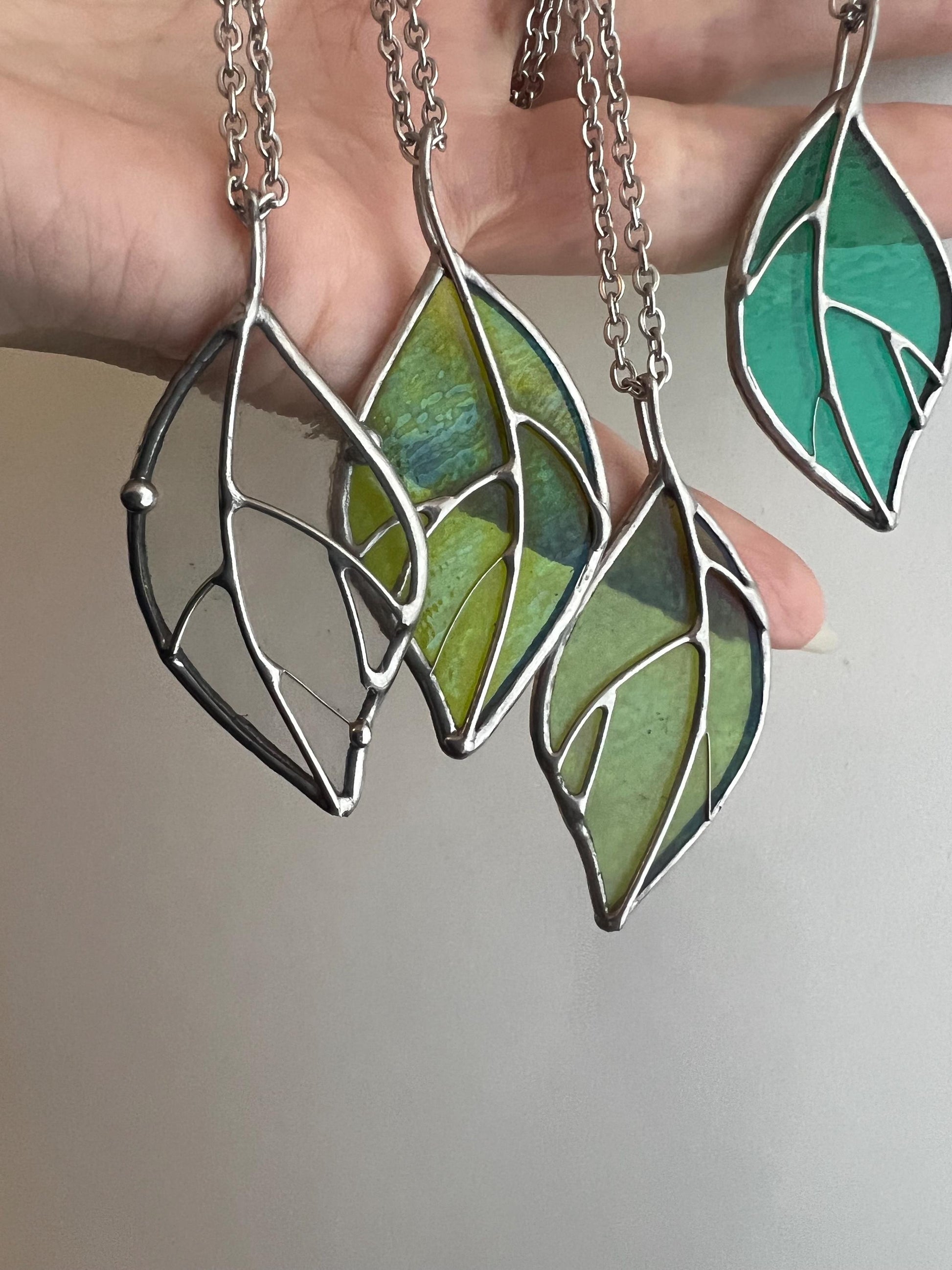 Stained Glass Leaf Pendant: Handmade Iridescent Green Necklace