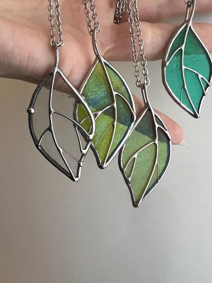 Stained Glass Leaf Necklace: Green Forest Botanical Pendant