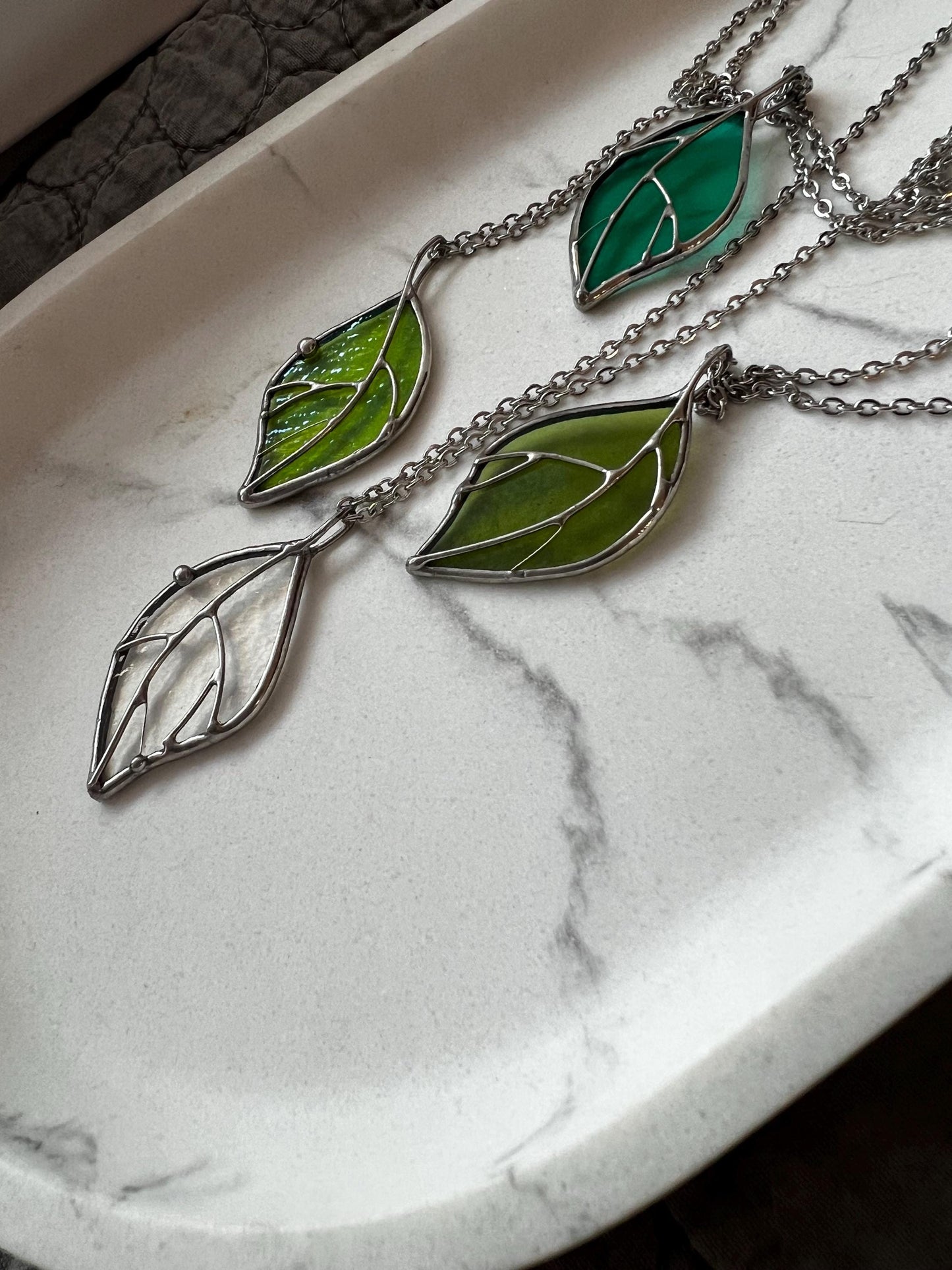 Stained Glass Leaf Necklace: Green Forest Botanical Pendant