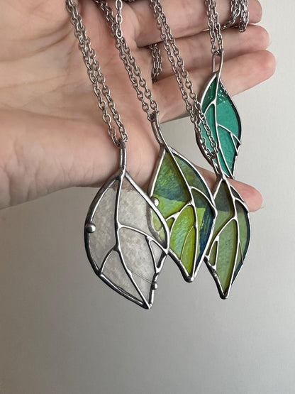 Stained Glass Leaf Necklace: Green Forest Botanical Pendant