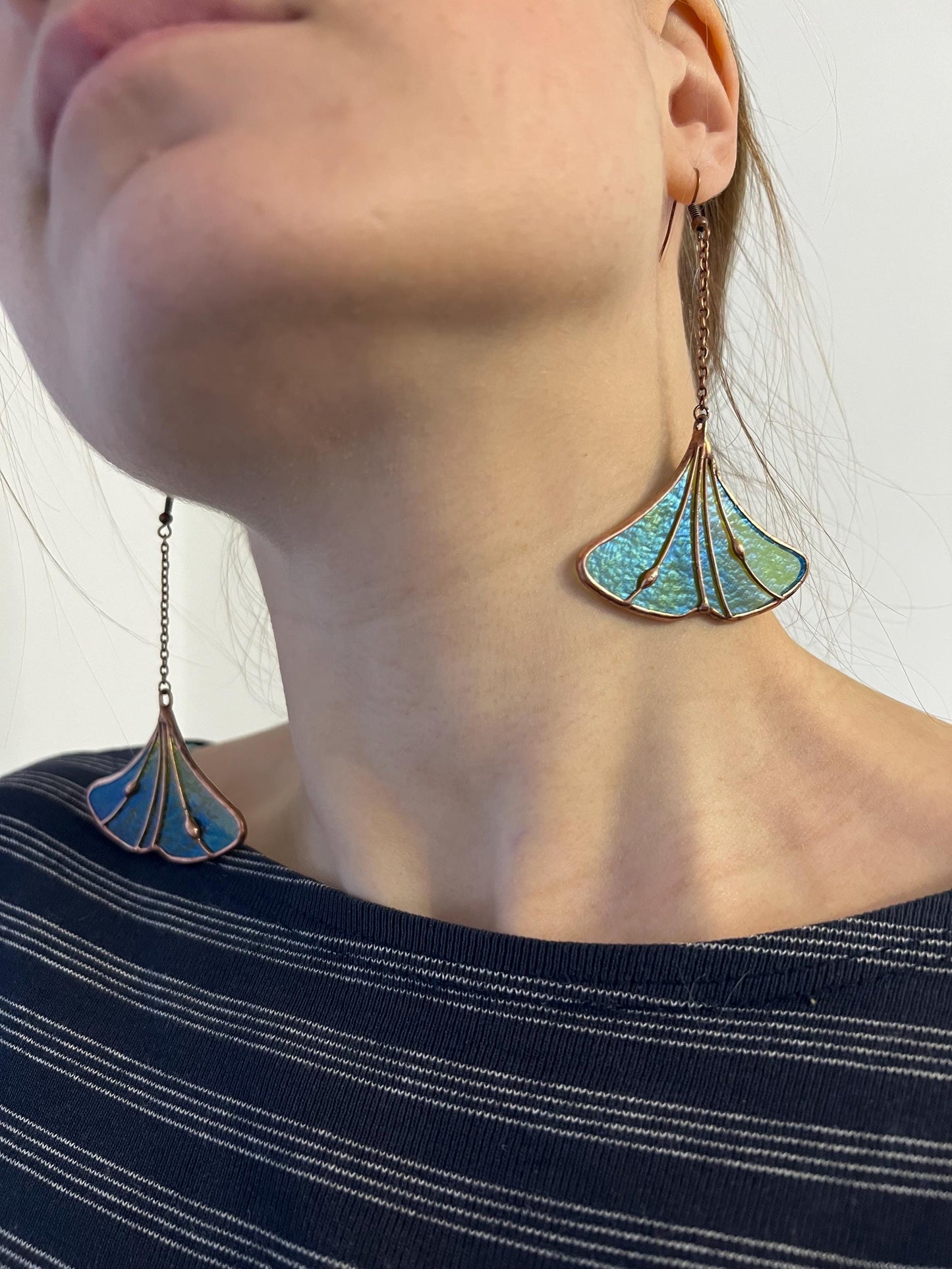 Stained Glass Ginkgo Leaf Earrings: Green Copper Dangle Plant Jewelry