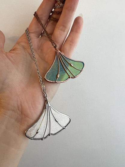 Stained Glass Ginkgo Leaf Earrings: Green Copper Dangle Plant Jewelry