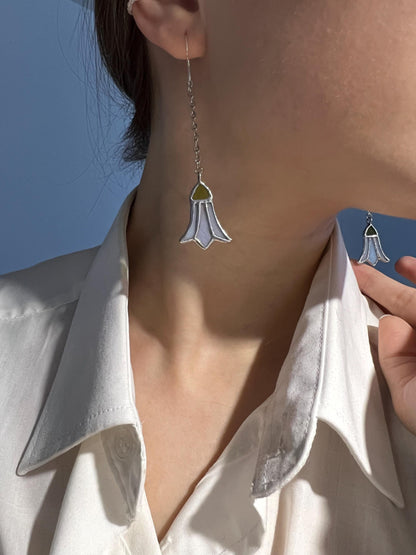 Stained Glass Bluebell Earrings: Long Dangle Botanical Jewelry