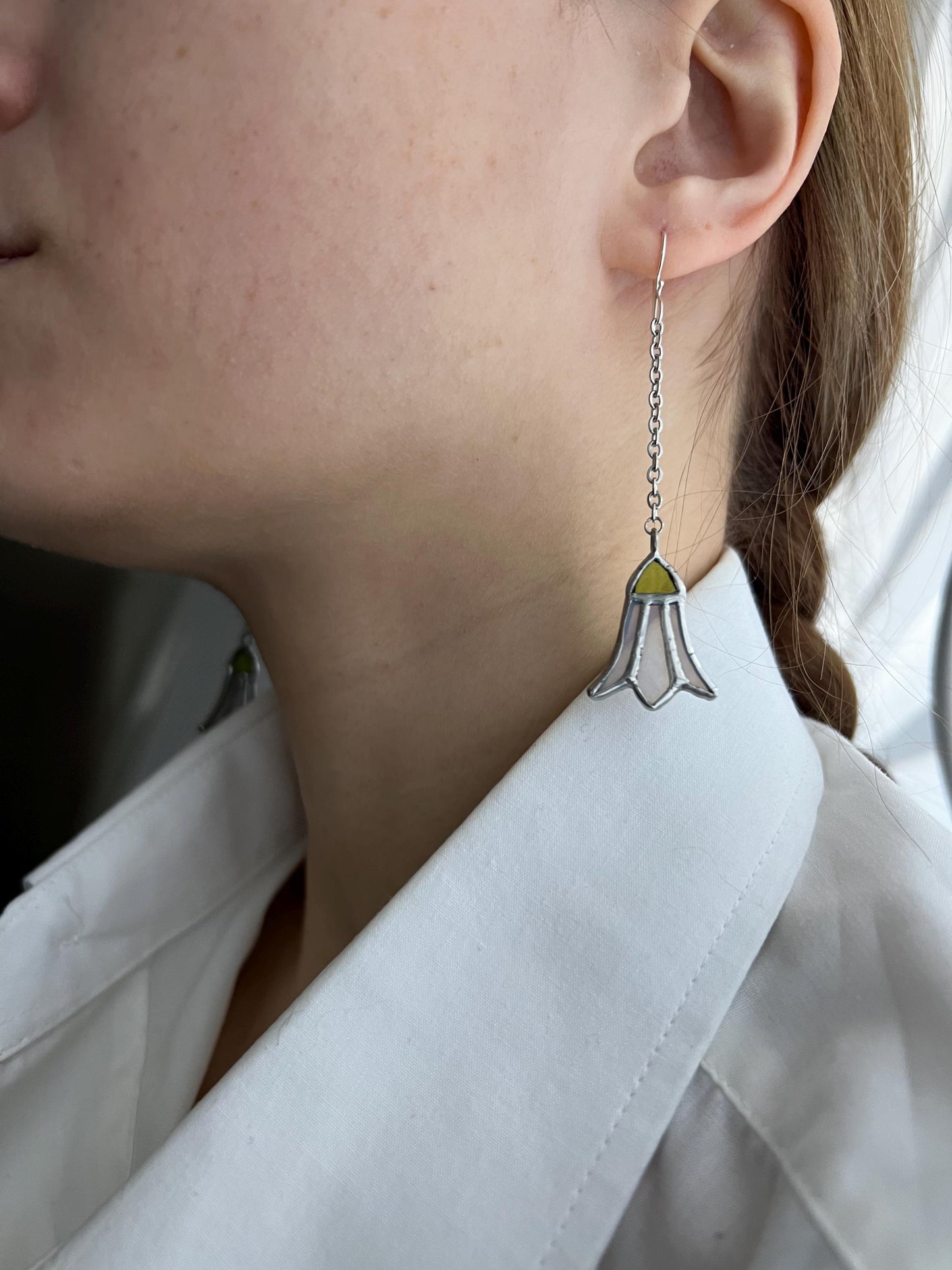 Stained Glass Snowdrop Earrings: Botanical Forest Jewelry