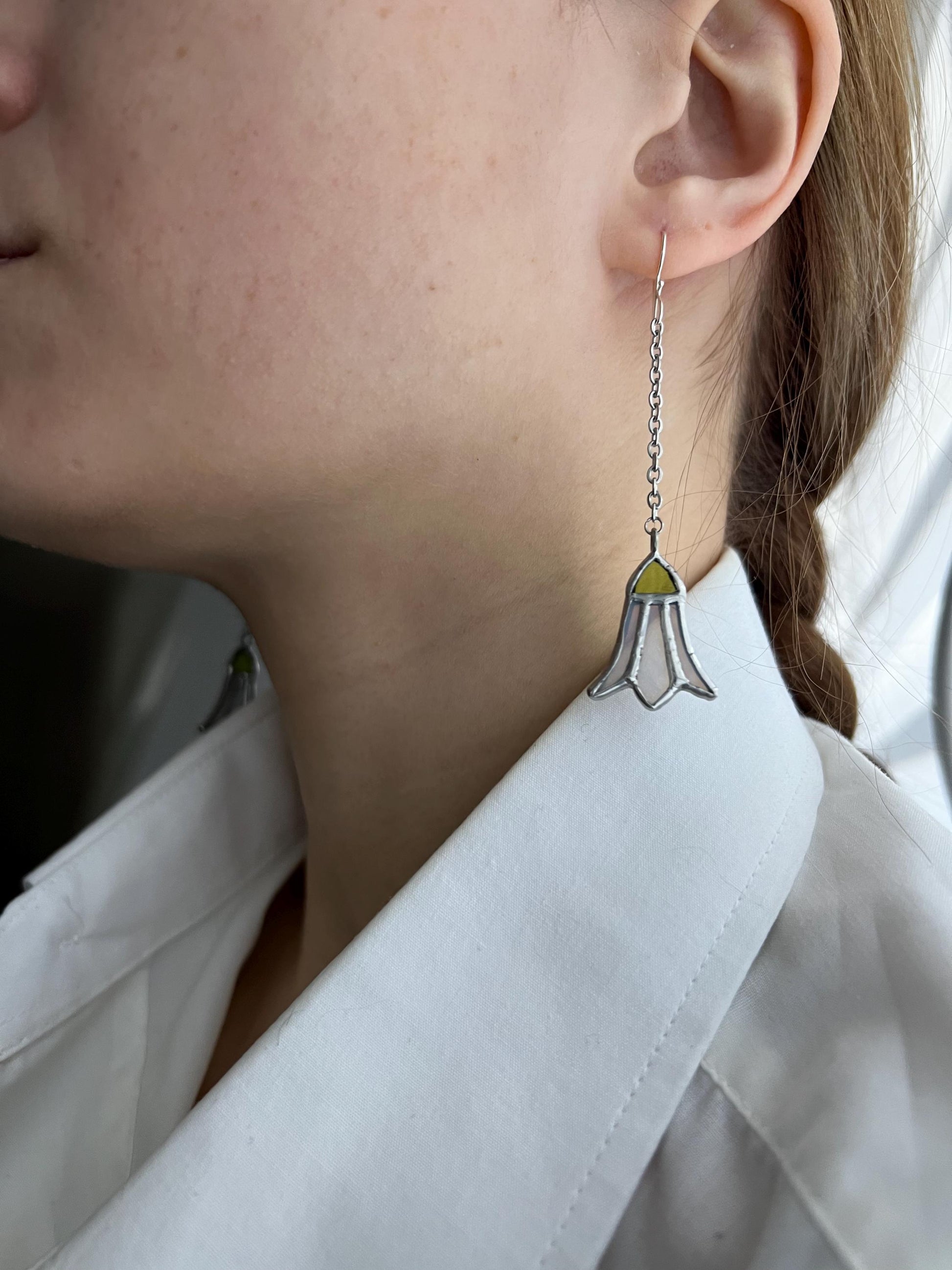 Stained Glass Snowdrop Earrings: Botanical Forest Jewelry