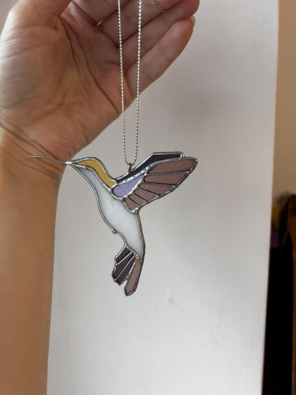 White and purple stained glass hummingbird pendant, window decoration