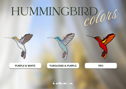 Color options of stained glass hummingbird ornaments – purple white, turquoise purple, red