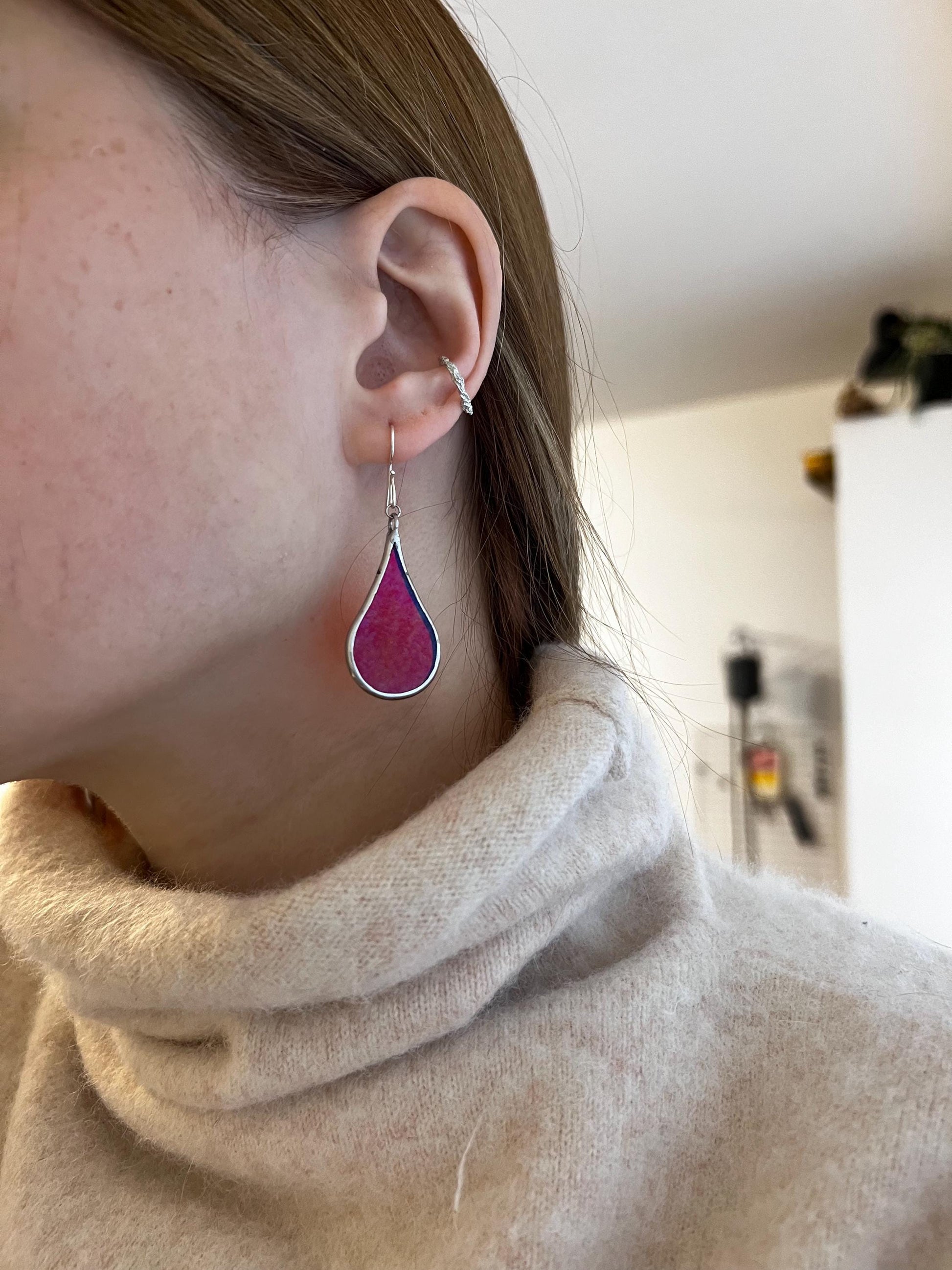 Stained Glass Teardrop Dangle Earrings: Handmade Iridescent Jewelry