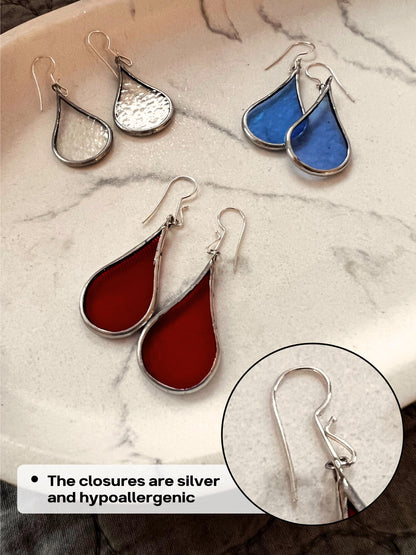 Stained Glass Teardrop Dangle Earrings: Handmade Iridescent Jewelry