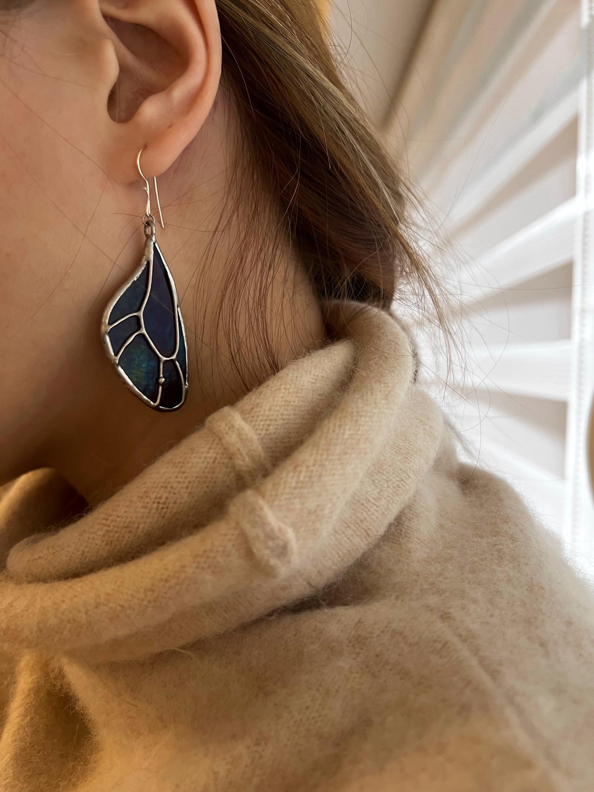 Stained Glass Butterfly Wing Earrings: Iridescent Art Glass Dangles