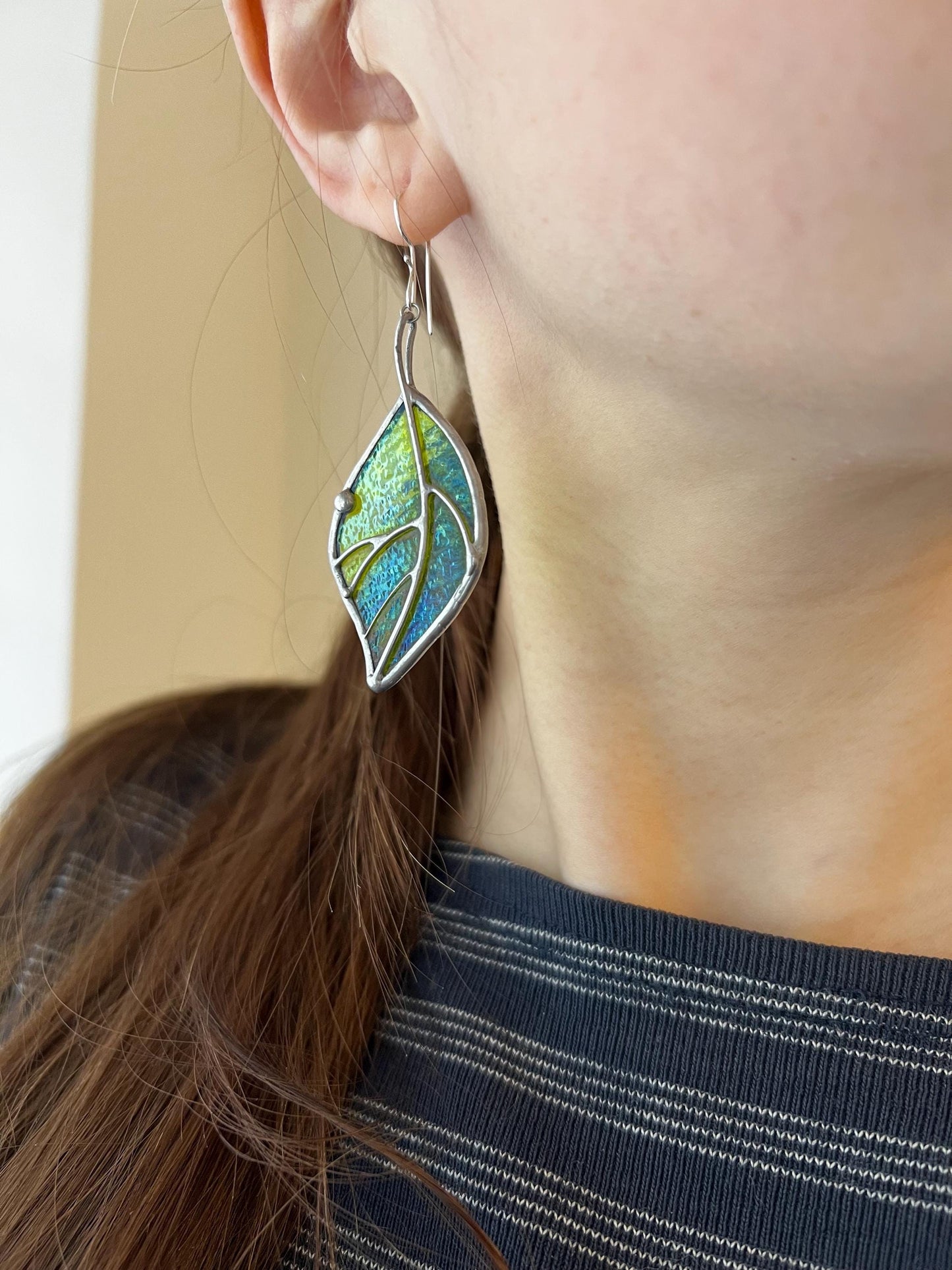 Stained Glass Leaf Earrings: Green Botanical Dangle Jewelry