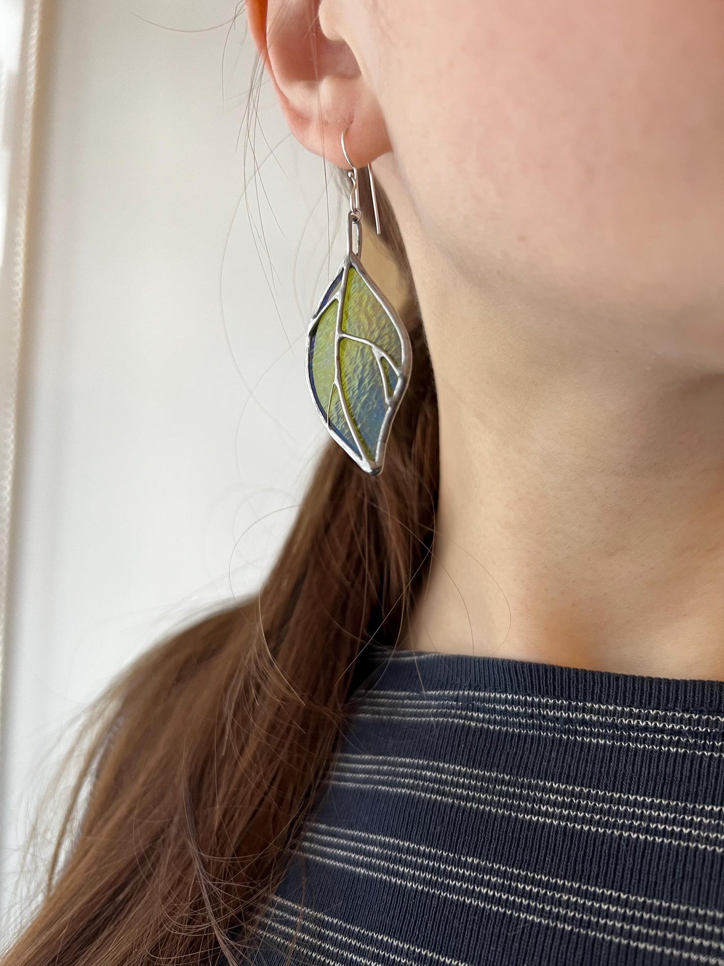 Stained Glass Leaf Earrings: Green Botanical Dangle Jewelry