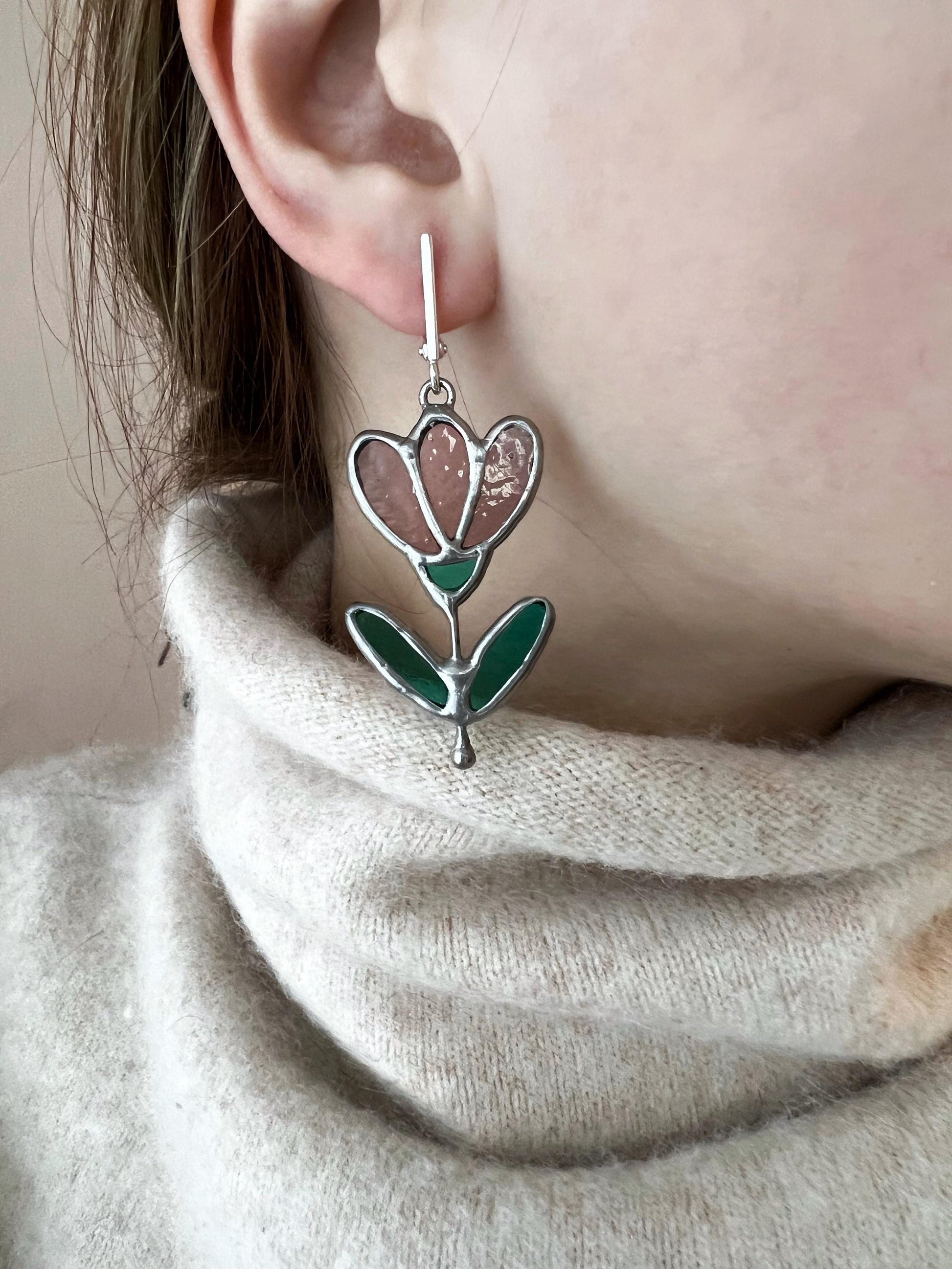 Stained Glass Flower Dangle Earrings: Handmade Art Glass, Sterling Silver