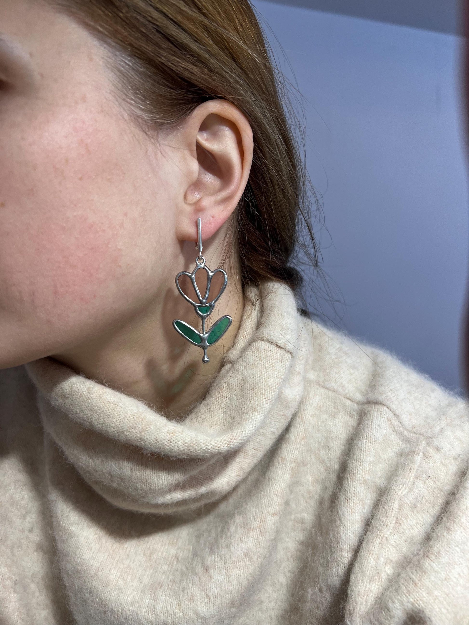 Stained Glass Flower Dangle Earrings: Handmade Art Glass, Sterling Silver