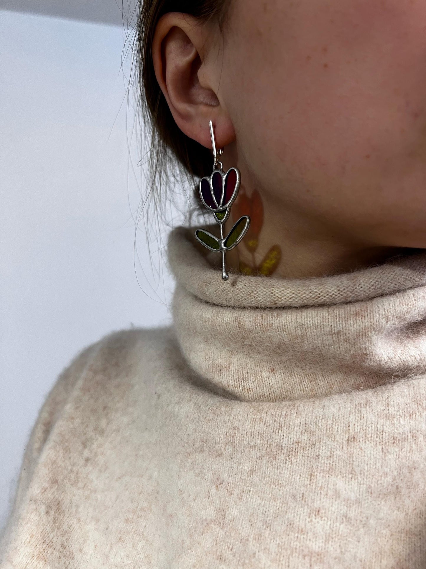 Stained Glass Flower Dangle Earrings: Handmade Art Glass, Sterling Silver