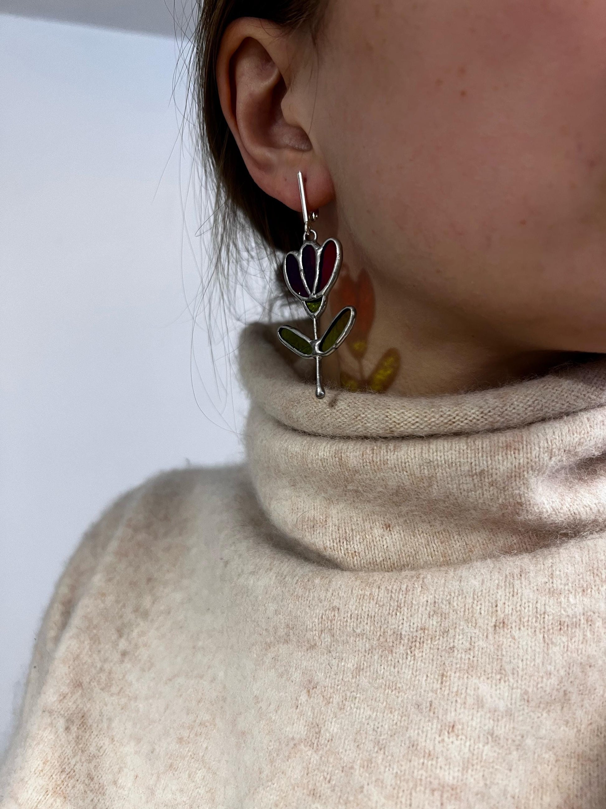 Stained Glass Flower Dangle Earrings: Handmade Art Glass, Sterling Silver