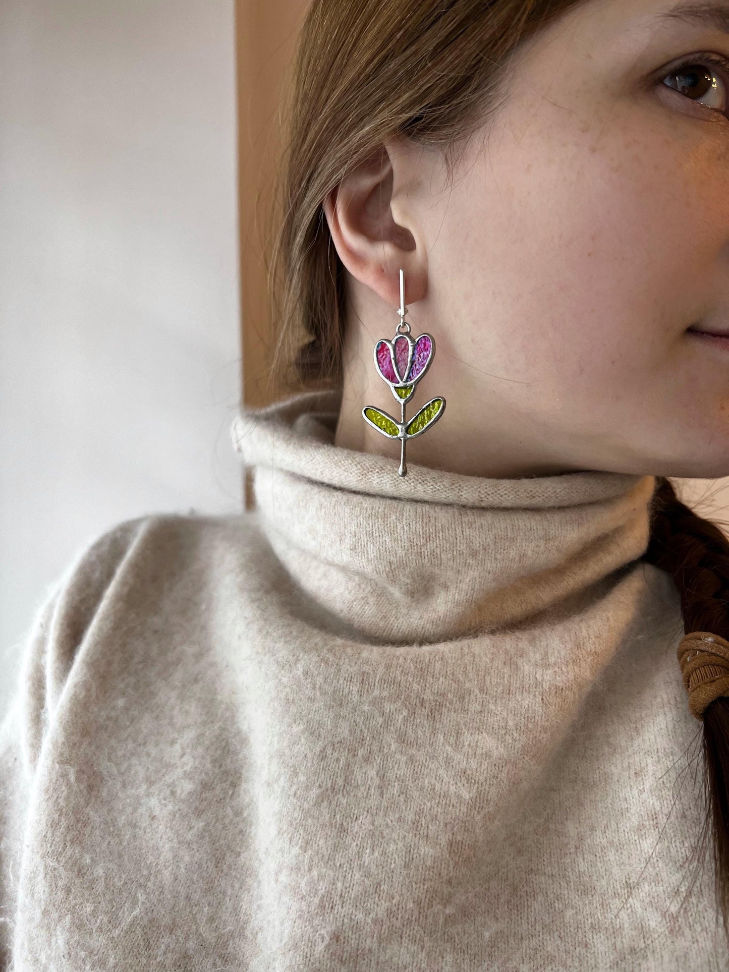 Stained Glass Flower Dangle Earrings: Handmade Art Glass, Sterling Silver