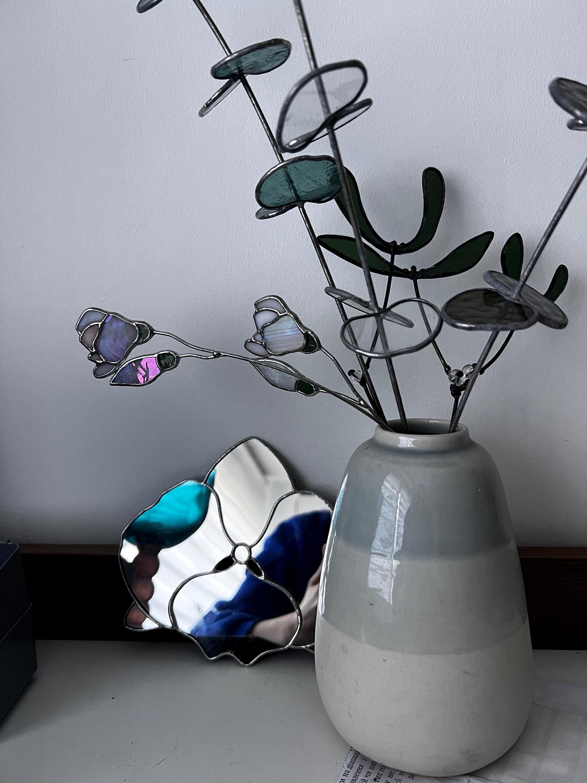 Stained Glass Magnolia Suncatcher: Iridescent Flower Art on Stem