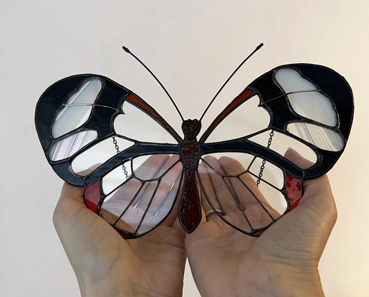 Stained glass butterfly window hangings, black butterfly suncatcher, clear insect decor, cottage core wall art, butterfly ornament