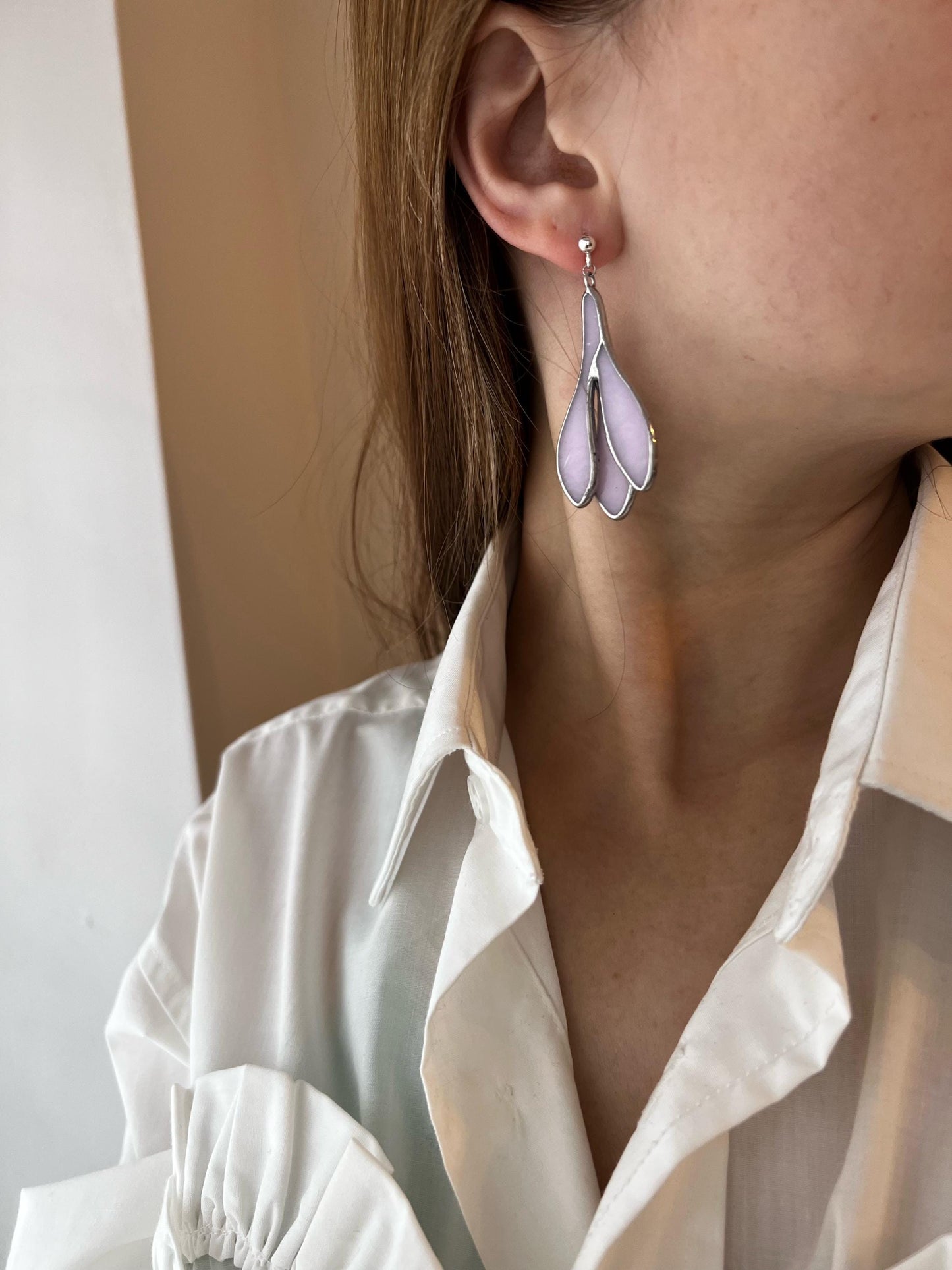 Bridal Crocus Dangle Earrings: Stained Glass Floral Jewelry on silver hooks shipping from USA