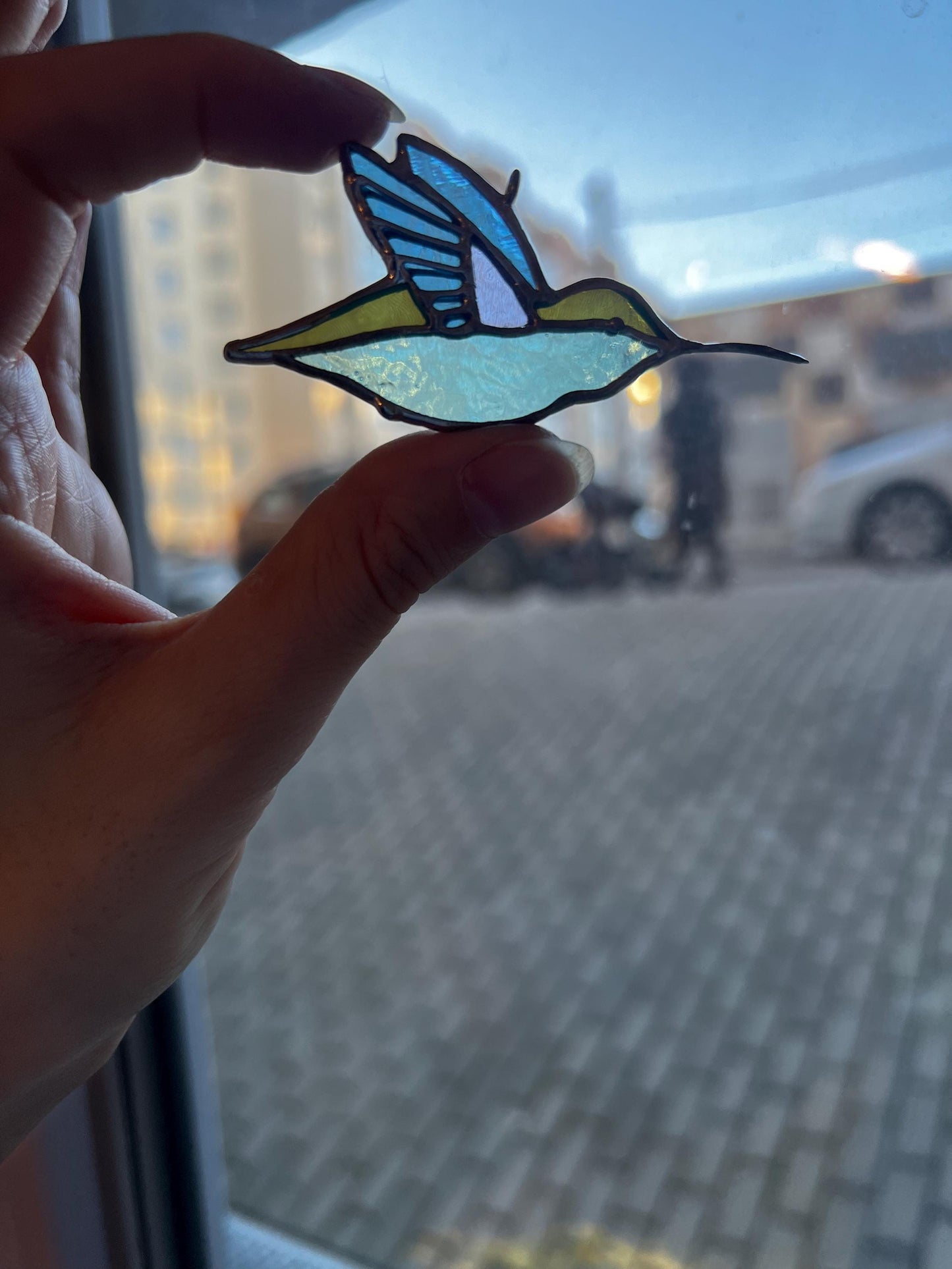 Stained Glass Hummingbird Suncatcher: Turquoise Purple Bird Window Hanging