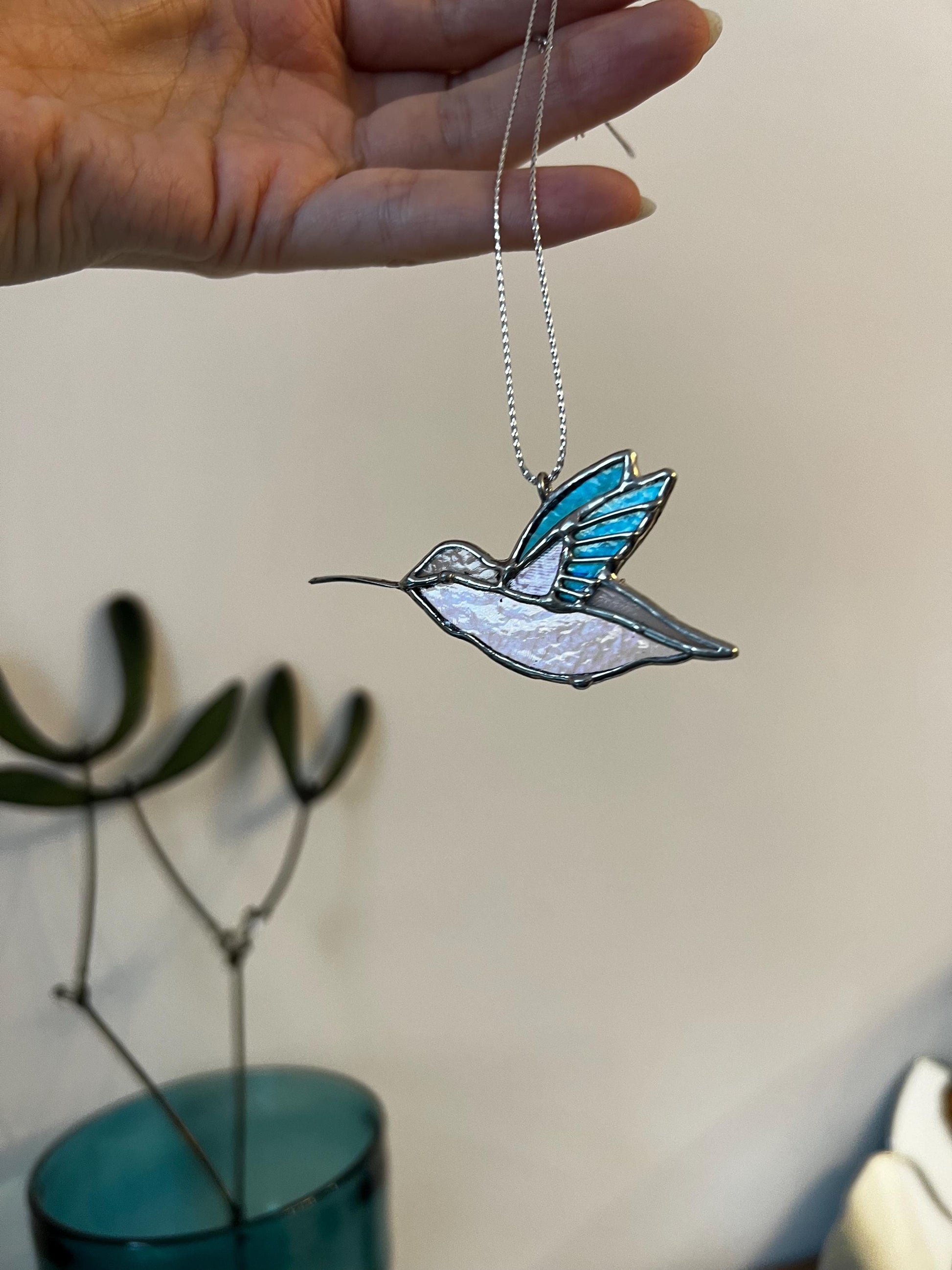 Mini lilac and blue hummingbird stained glass suncatcher, window decor