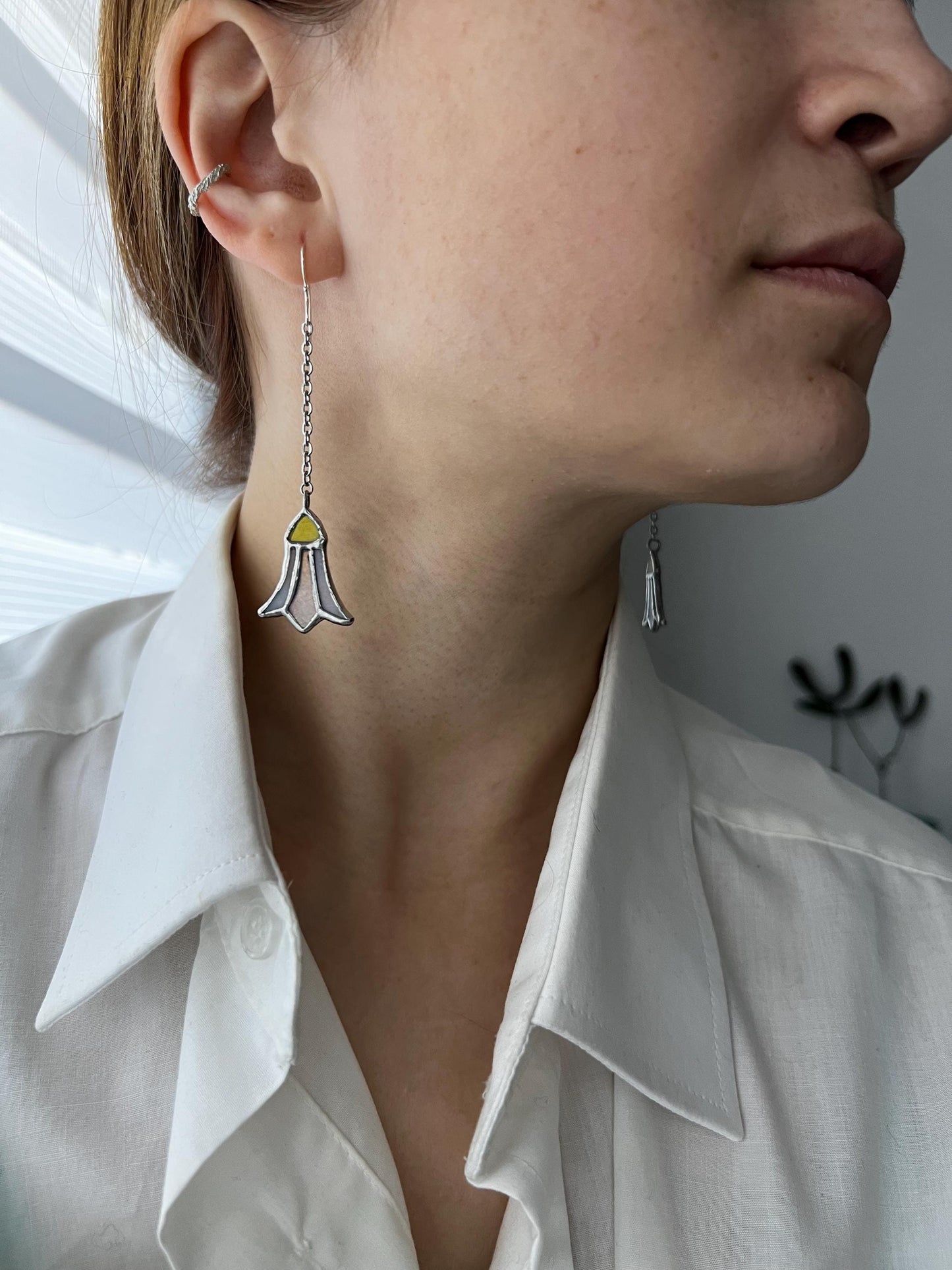 Stained Glass Bluebell Earrings: Long Dangle Botanical Jewelry