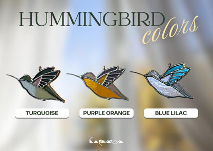 Color variations of stained glass hummingbird suncatchers – turquoise purple, orange, blue lilac