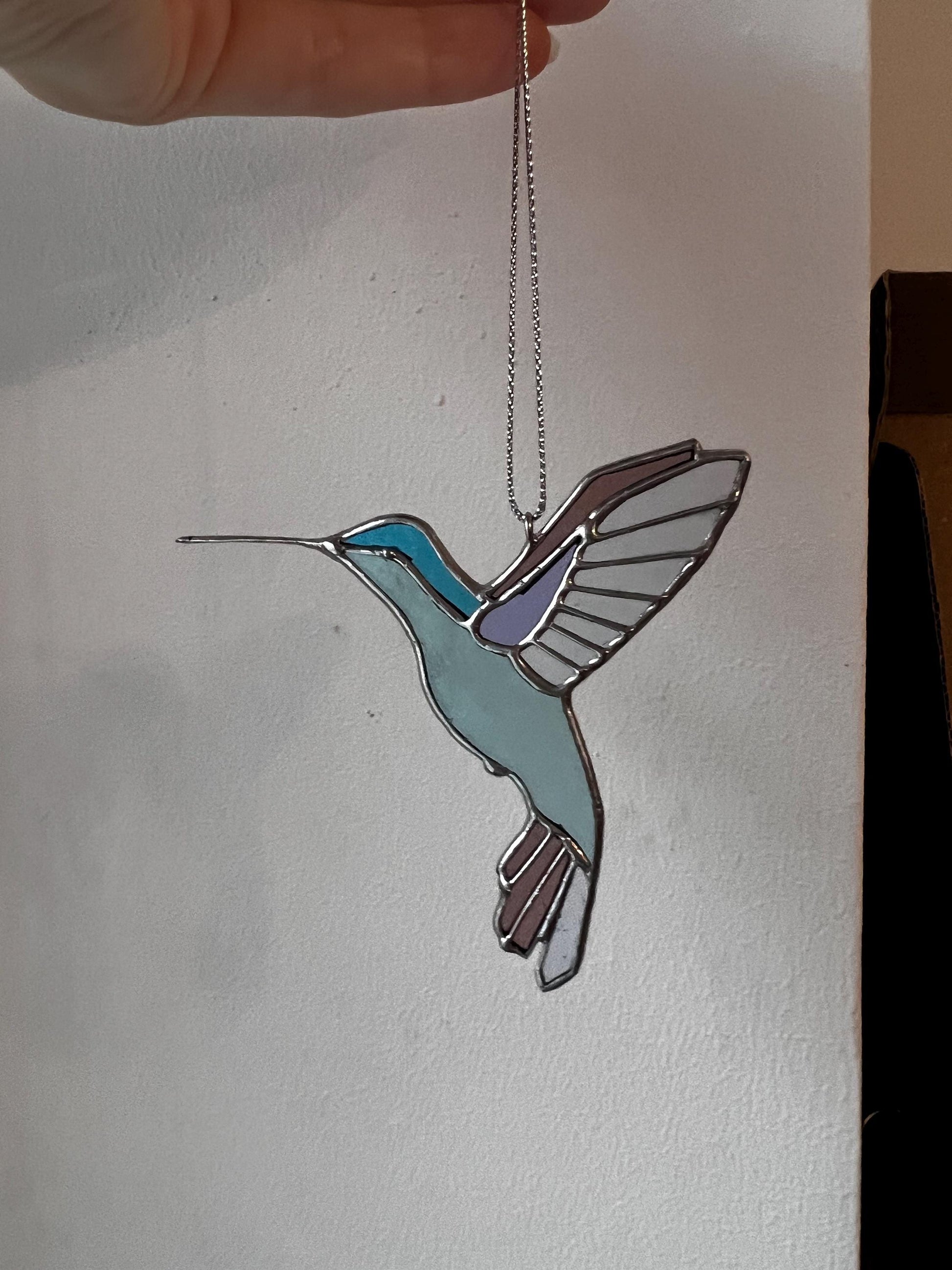 Turquoise stained glass hummingbird handmade ornament, eco-friendly decor