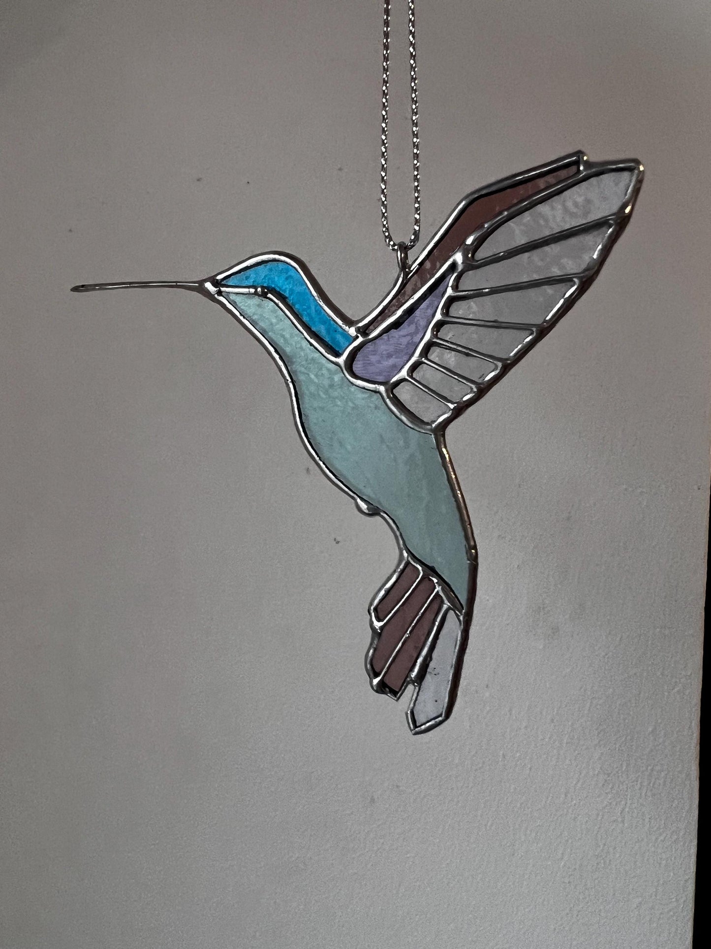 Blue turquoise stained glass hummingbird hanging glass art decor