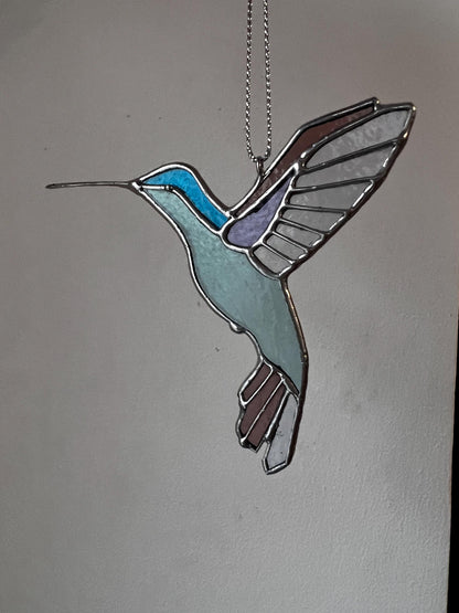Blue turquoise stained glass hummingbird hanging glass art decor