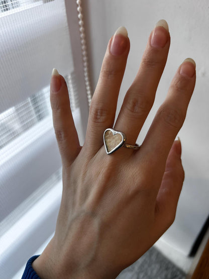 Stained glass heart ring shown from different angle, handmade jewelry design