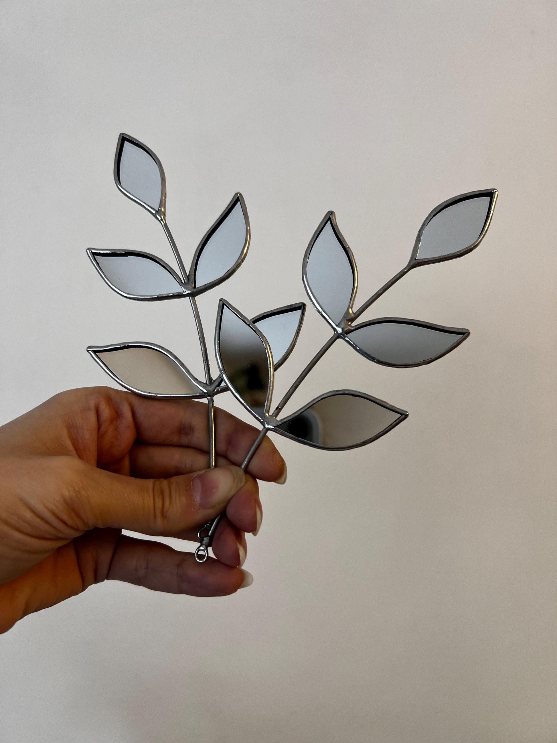 Stained Glass Mirror Leaf Stem: Botanical Wall Decor