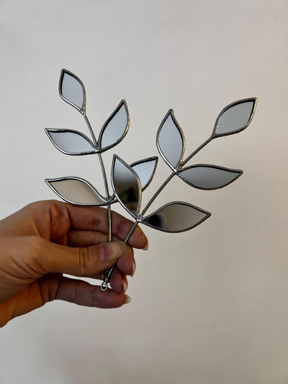 Stained Glass Mirror Leaf Stem: Botanical Wall Decor