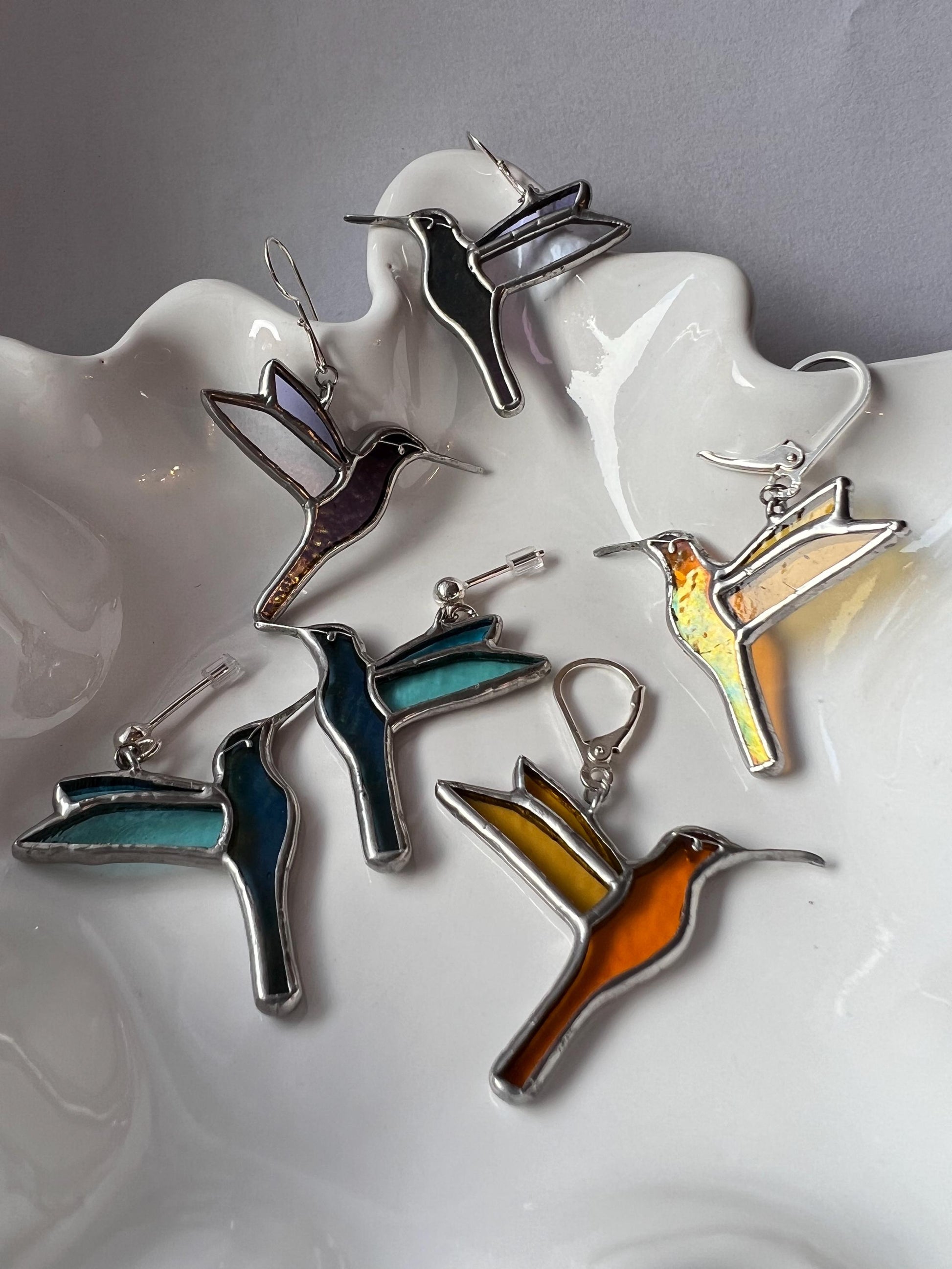 Stained Glass Hummingbird Earrings: Iridescent Dangle Bird Art