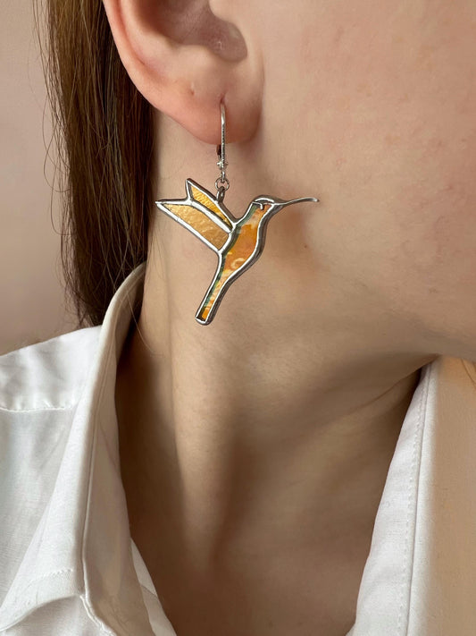 Hummingbird suncatcher earrings, stained glass dangle bird earrings, statement nature earrings, art glass earrings, birthday gift for her
