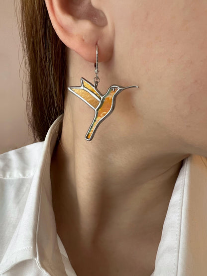 Stained Glass Hummingbird Earrings: Iridescent Dangle Jewelry