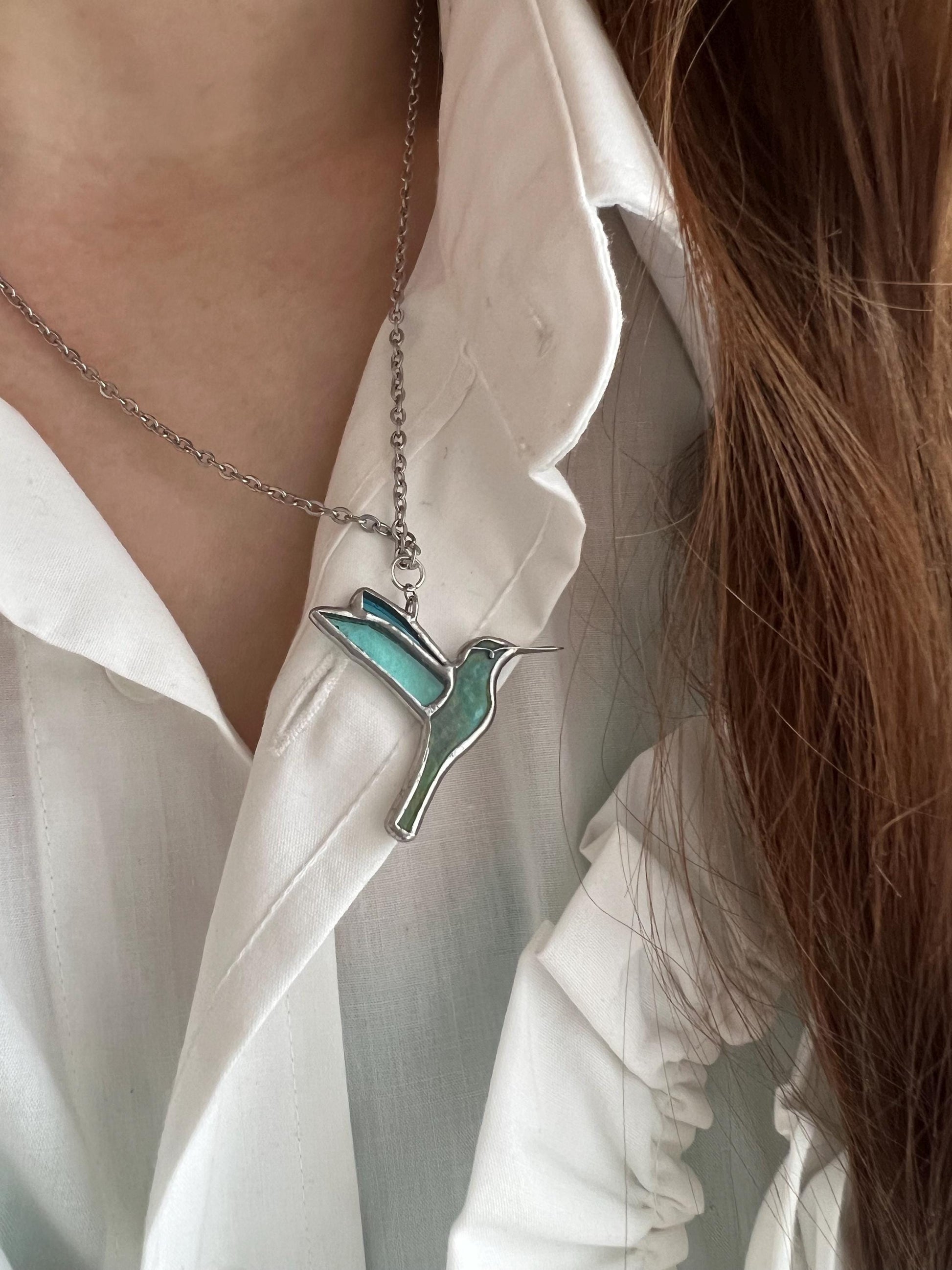 Stained Glass Hummingbird Necklace: Iridescent Suncatcher Pendant