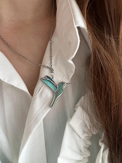 Stained Glass Hummingbird Necklace: Iridescent Bird Pendant, Summer Jewelry
